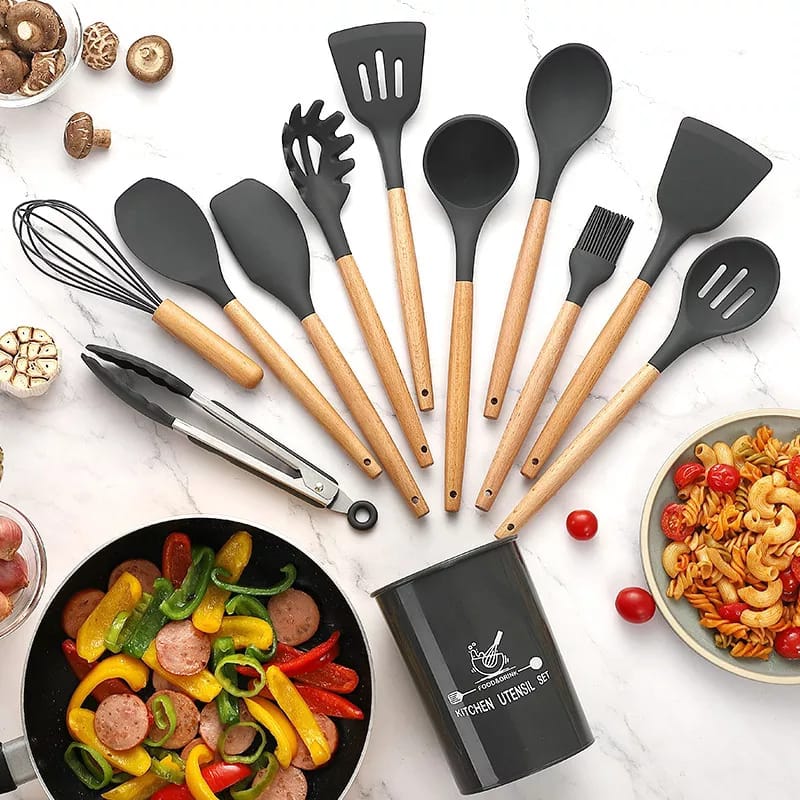 12 PCS Silicone Cooking Utensil Set with Wooden Handles