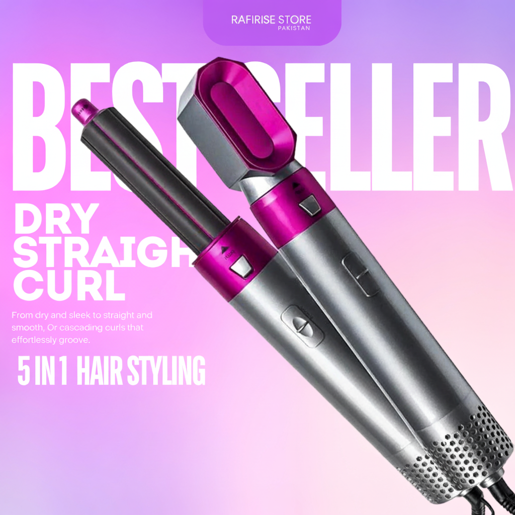 Hair styling tool with pink and silver design on a purple background with text.