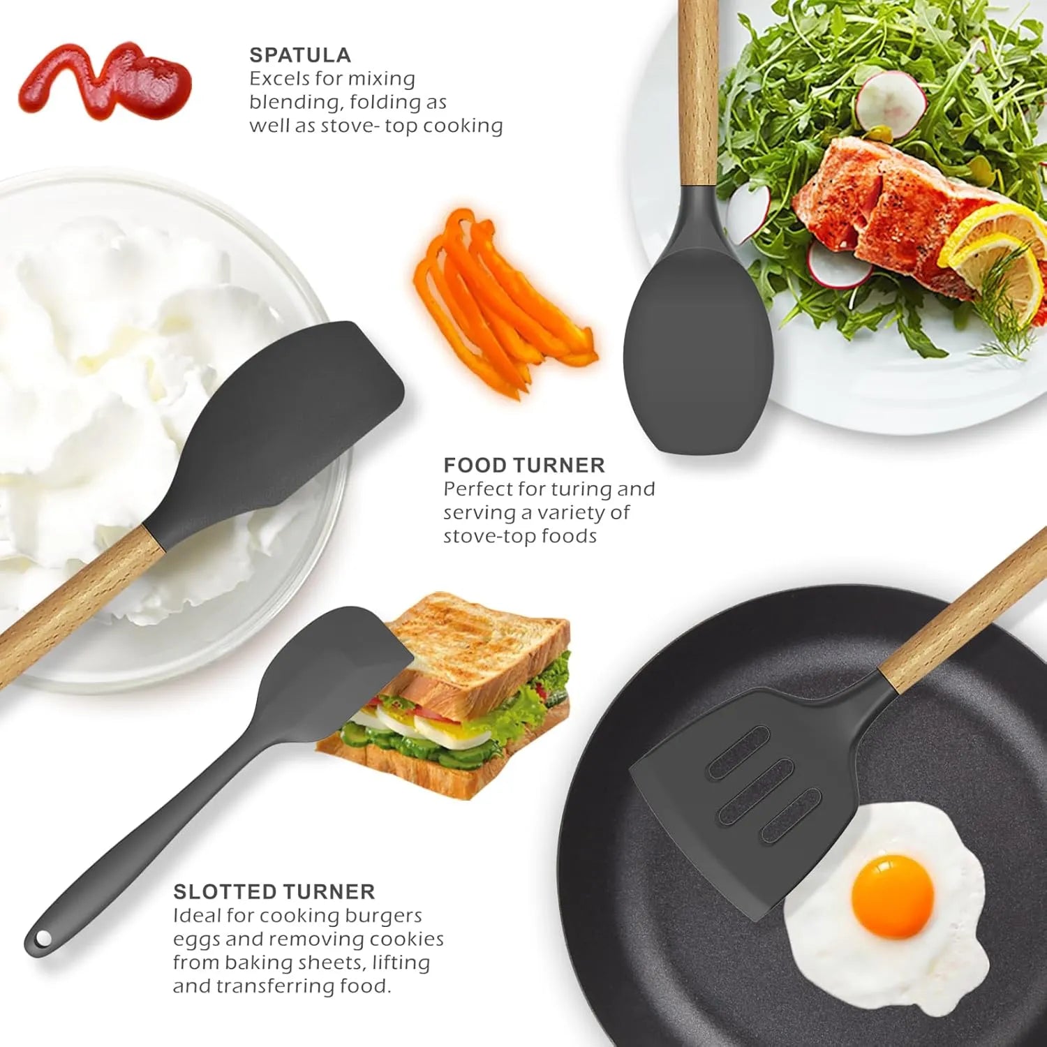 12 PCS Silicone Cooking Utensil Set with Wooden Handles