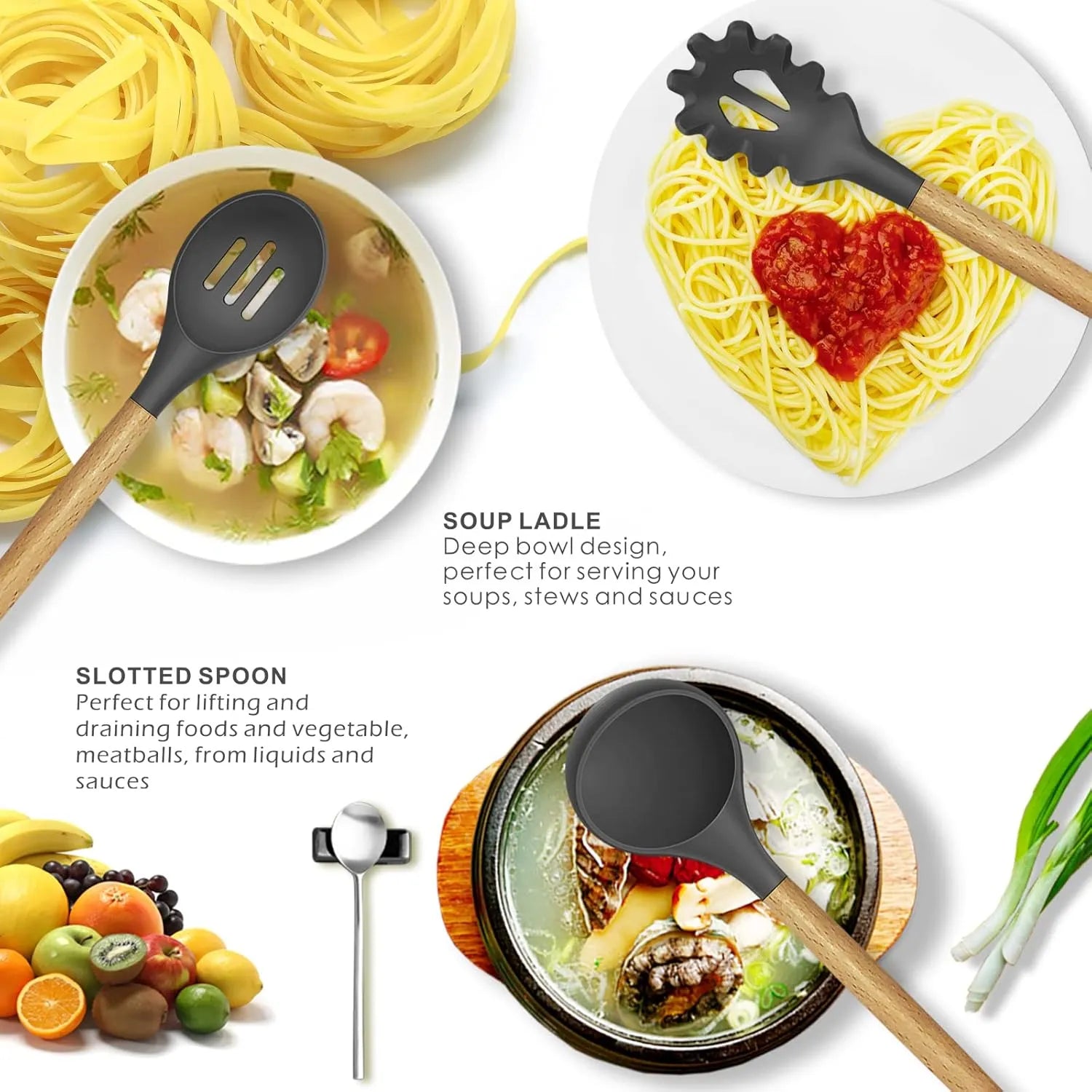 12 PCS Silicone Cooking Utensil Set with Wooden Handles
