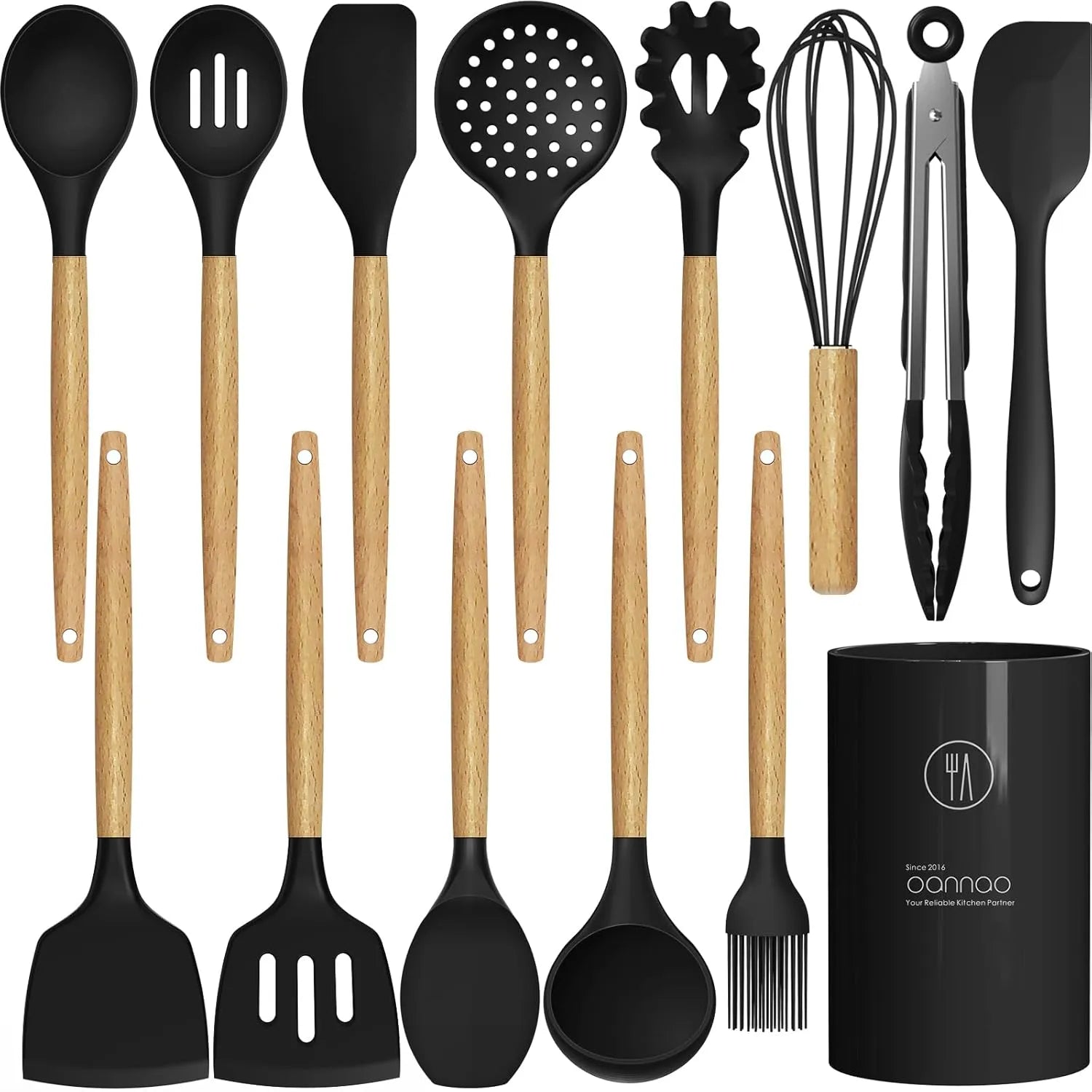 12 PCS Silicone Cooking Utensil Set with Wooden Handles